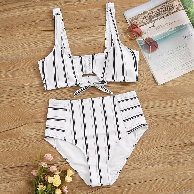 

Striped Knot Top With High Waist Bikini Set, Multicolor