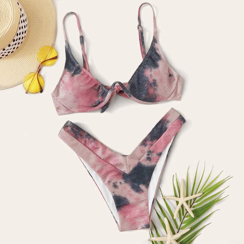 

Tie Dye Top With High Cut Bikini Set, Multicolor