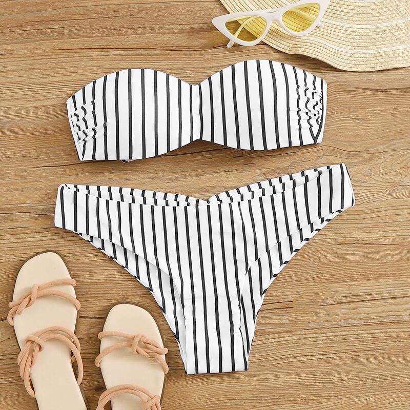 Detachable Strap Bandeau With High Cut Bikini Set, Black and white
