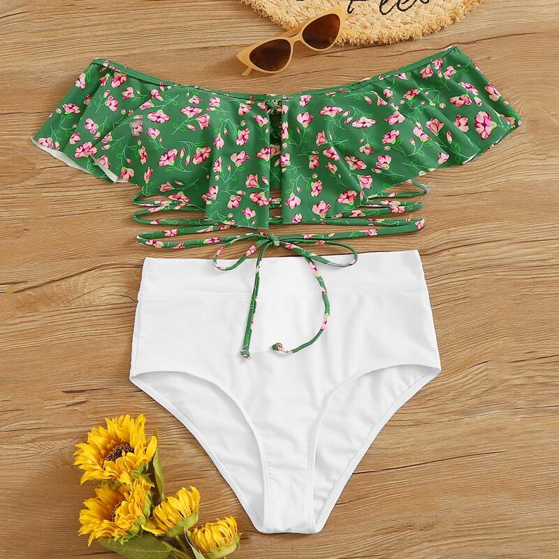 

Ditsy Floral Flounce Top With High Waist Bikini Set, Multicolor