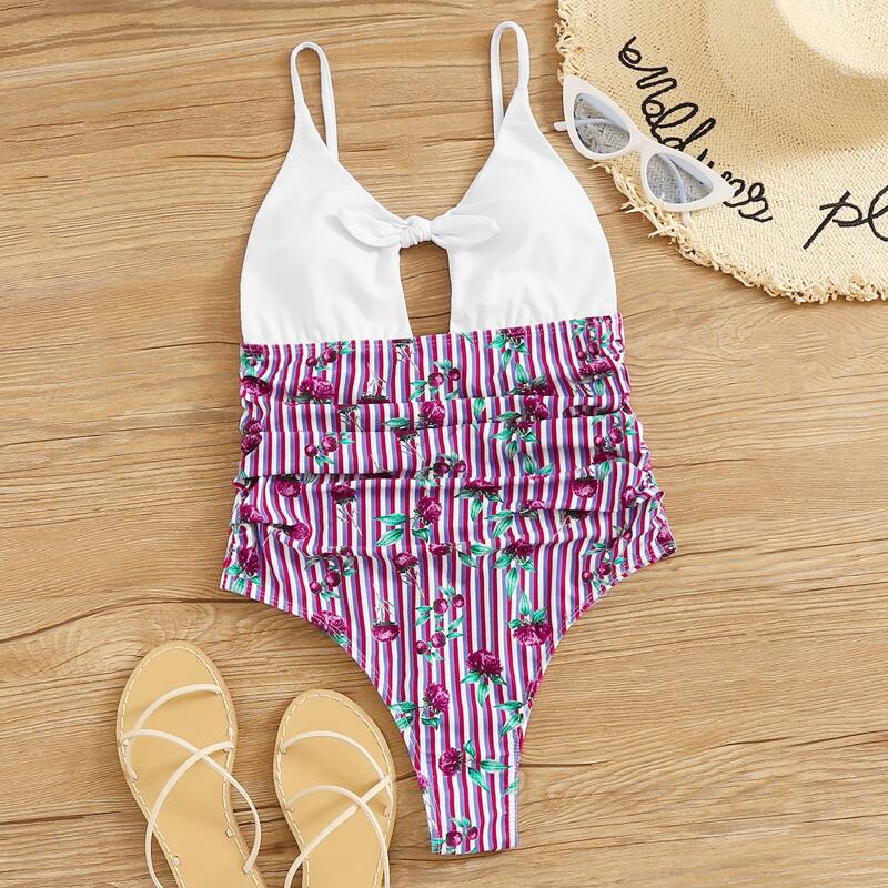 

Striped & Floral Knot Cut Out Cami Swimsuit, Multicolor
