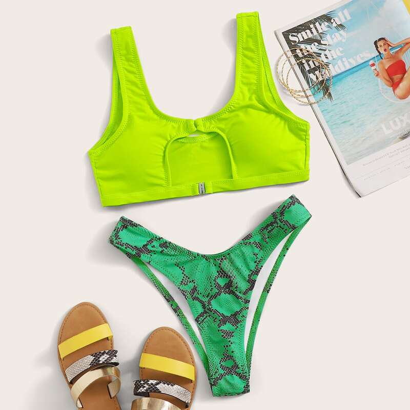 

Neon Green Cut Out Top With Snakeskin High Cut Bikini, Multicolor bright