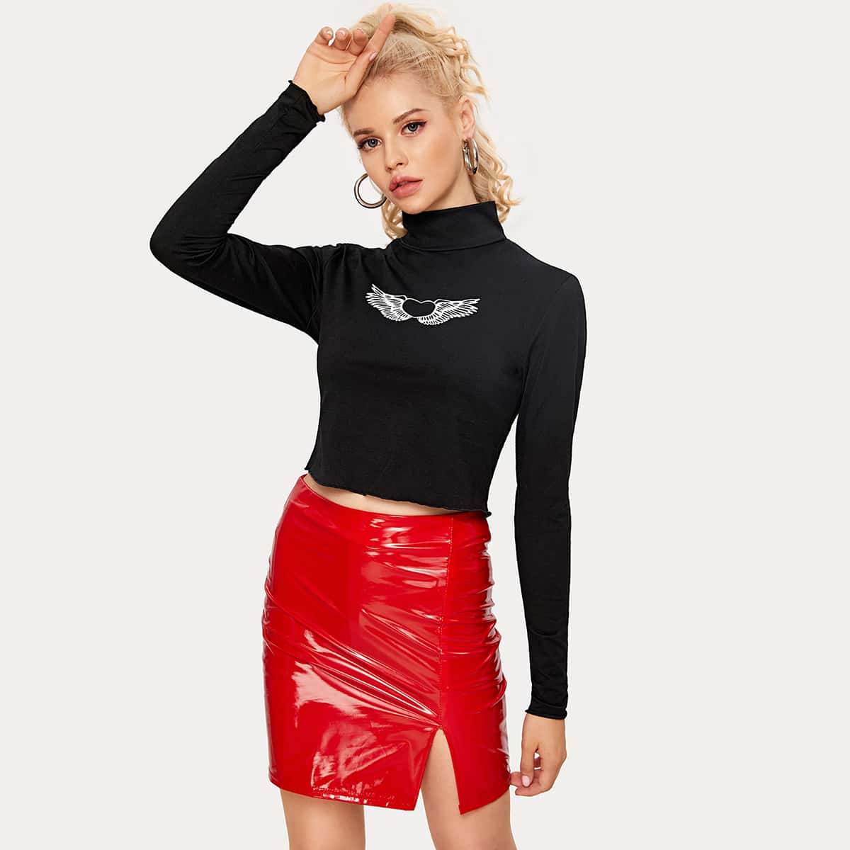 

Angel Wing Print Turtleneck Tee, Black
