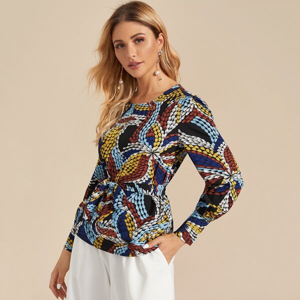 

Graphic Print Self Tie Blouse, Multicolor