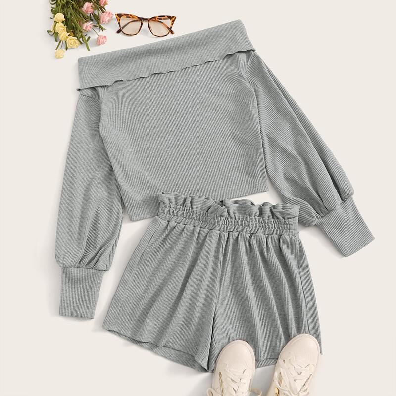 

Solid Off-Shoulder Tee & Paperbag Waist Shorts, Grey