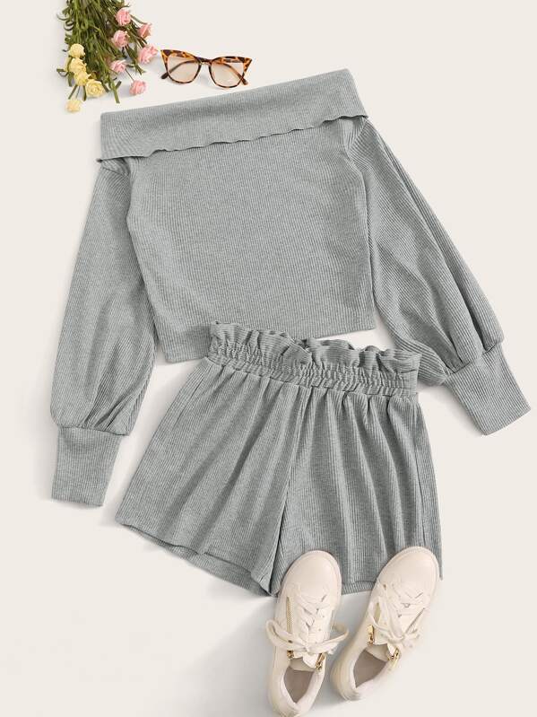 

Solid Off-Shoulder Tee & Paperbag Waist Shorts, Grey, Mary P.