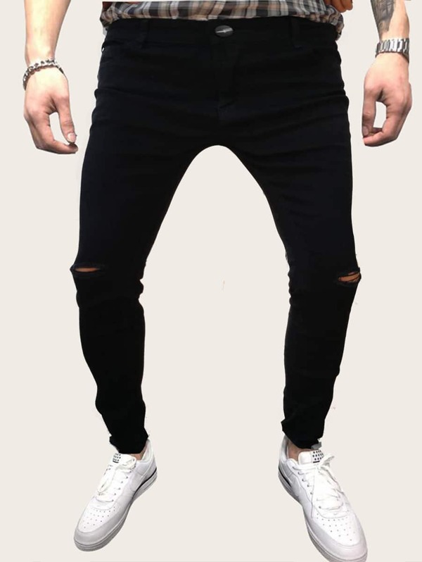 

Men Button Fly Ripped Skinny Jeans, Black