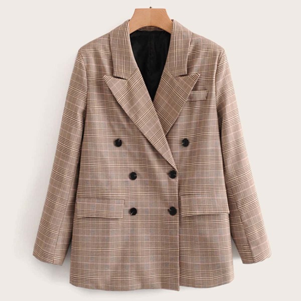 

Lapel Collar Plaid Double Breasted Blazer, Khaki