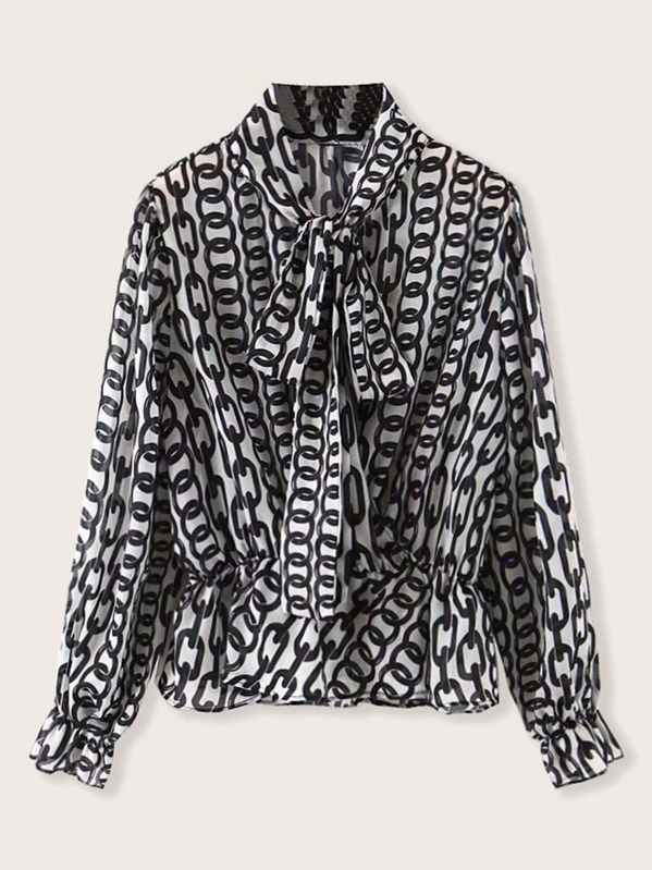 

Chain Print Tie Neck Surplice Peplum Blouse, Black and white