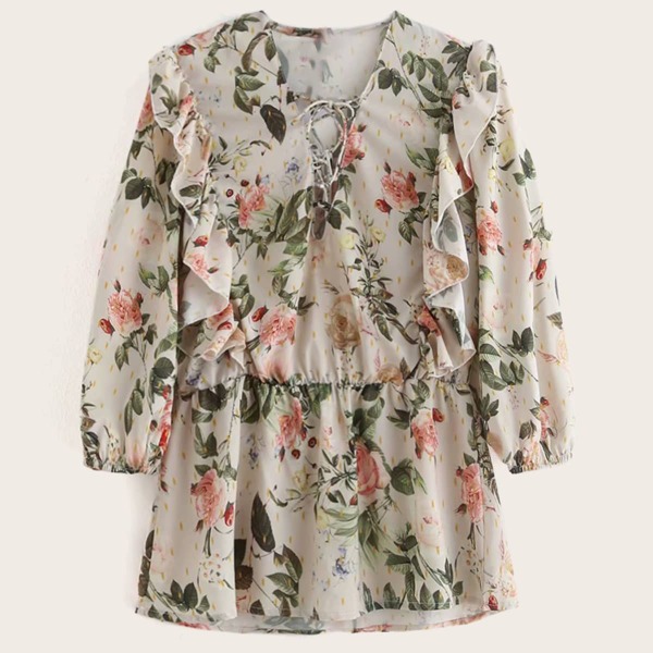 

Lace Up Neck Floral Peplum Blouse, Multicolor