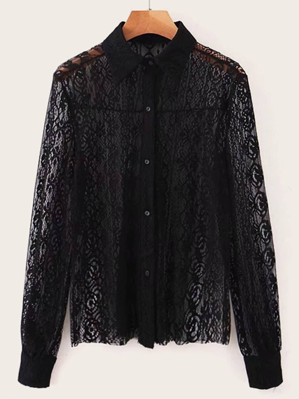 

Button Front Sheer Lace Blouse, Black