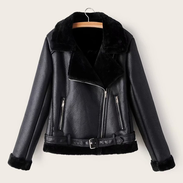 

Contrast Faux Fur Belted PU Biker Jacket, Black