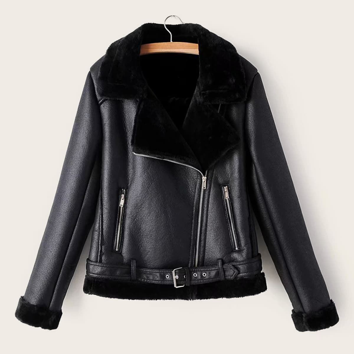 

Contrast Faux Fur Belted PU Biker Jacket, Black