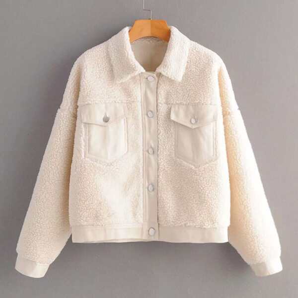 

Solid Single-Breasted Teddy Jacket, Beige