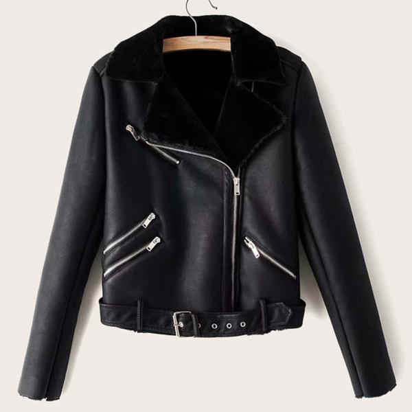 

Contrast Faux Fur Belted PU Biker Jacket, Black