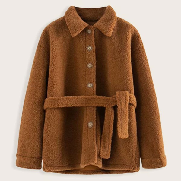 

Button Front Self Tie Teddy Coat, Brown