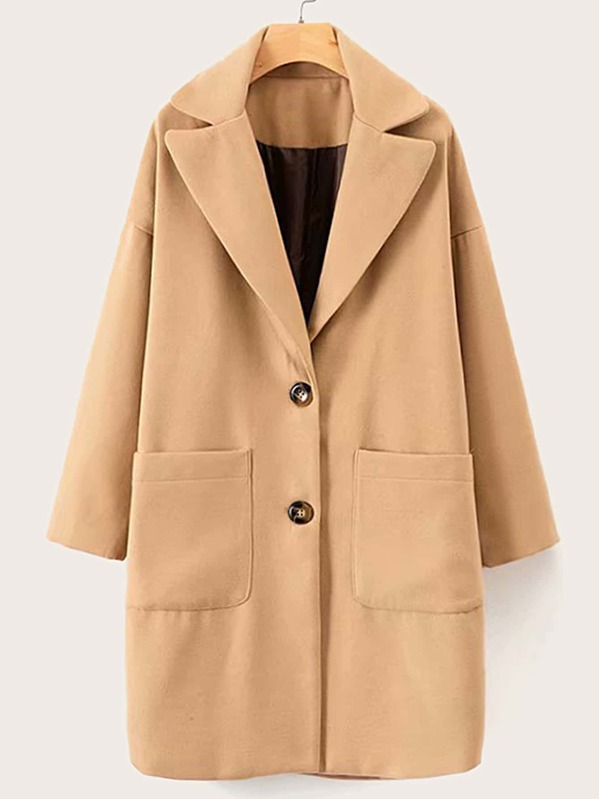 

Lapel Collar Pocket Front Longline Coat, Khaki