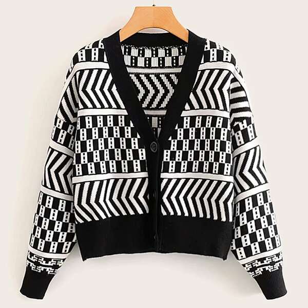

Geo Print Button Up Cardigan, Black and white
