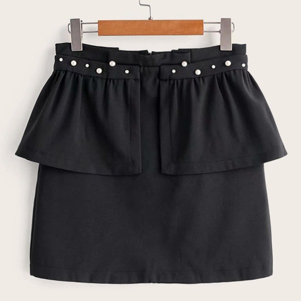 

Pearls Beaded Ruffle Trim Paperbag Skirt, Black