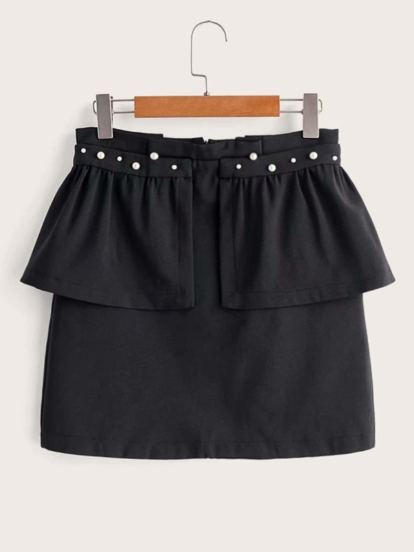 

Pearls Beaded Ruffle Trim Paperbag Skirt, Black