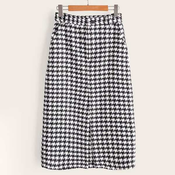 

Houndstooth Graphic Split Midi Skirt, Black and white