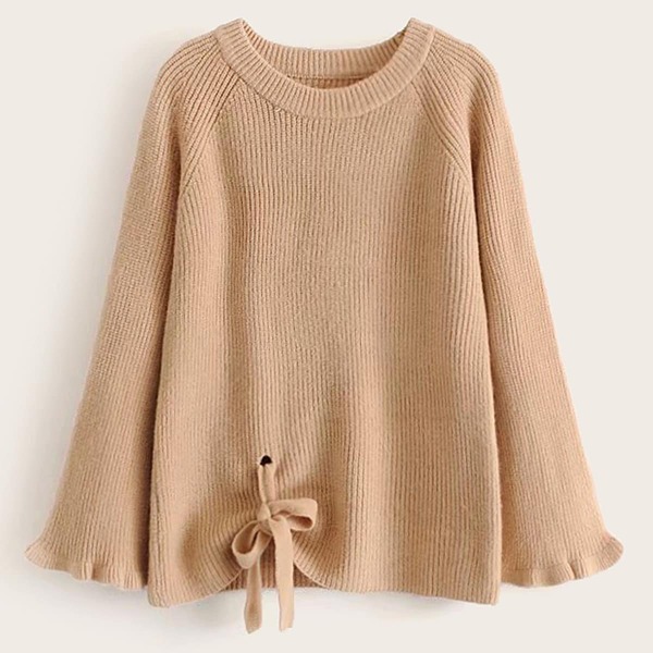 

Tie Front Raglan Sleeve Ribbed Sweater, Khaki