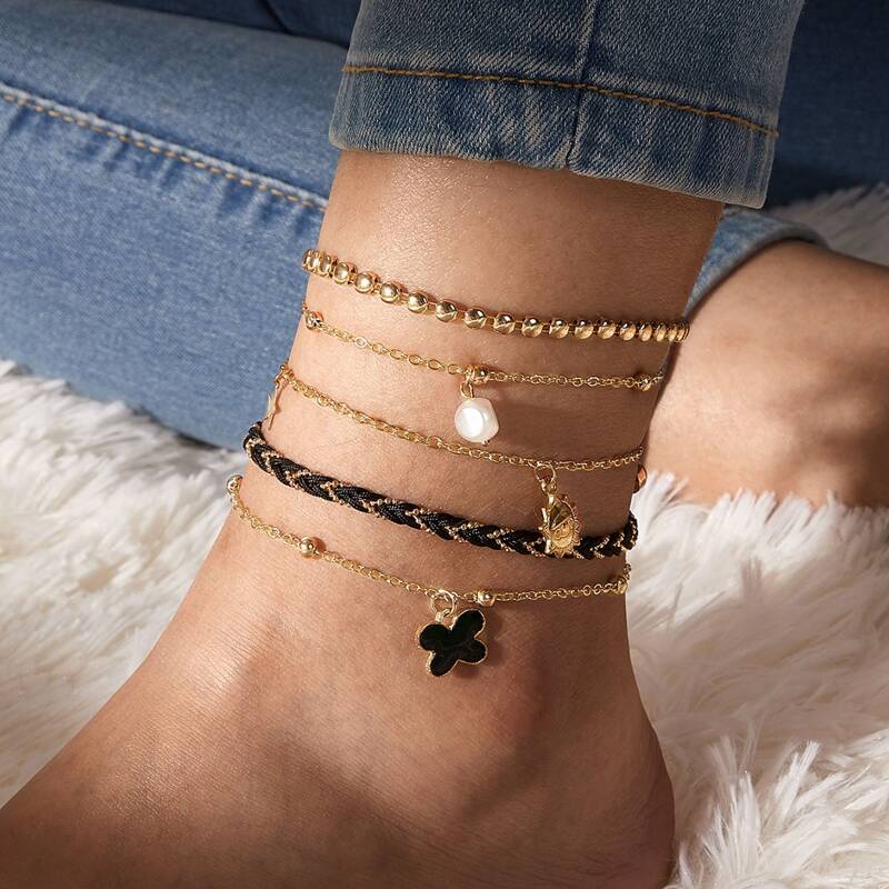 

5pcs Flower & Sun Charm Braided Anklet, Gold