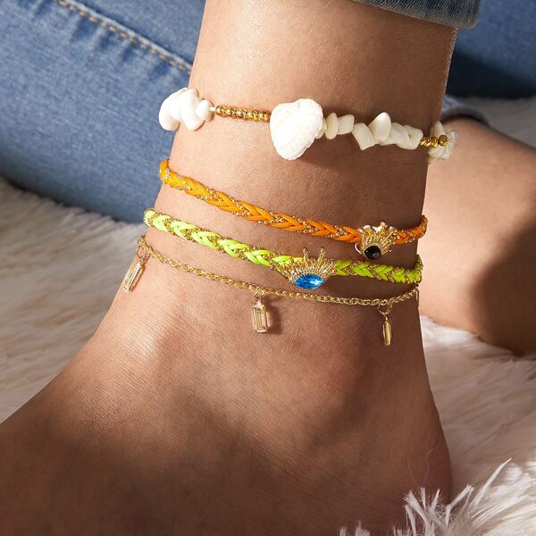 

4pcs Shell & Rhinestone Charm Braided Anklet, Multicolor