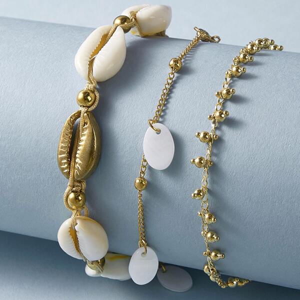 

3pcs Shell Decor Anklet, Gold