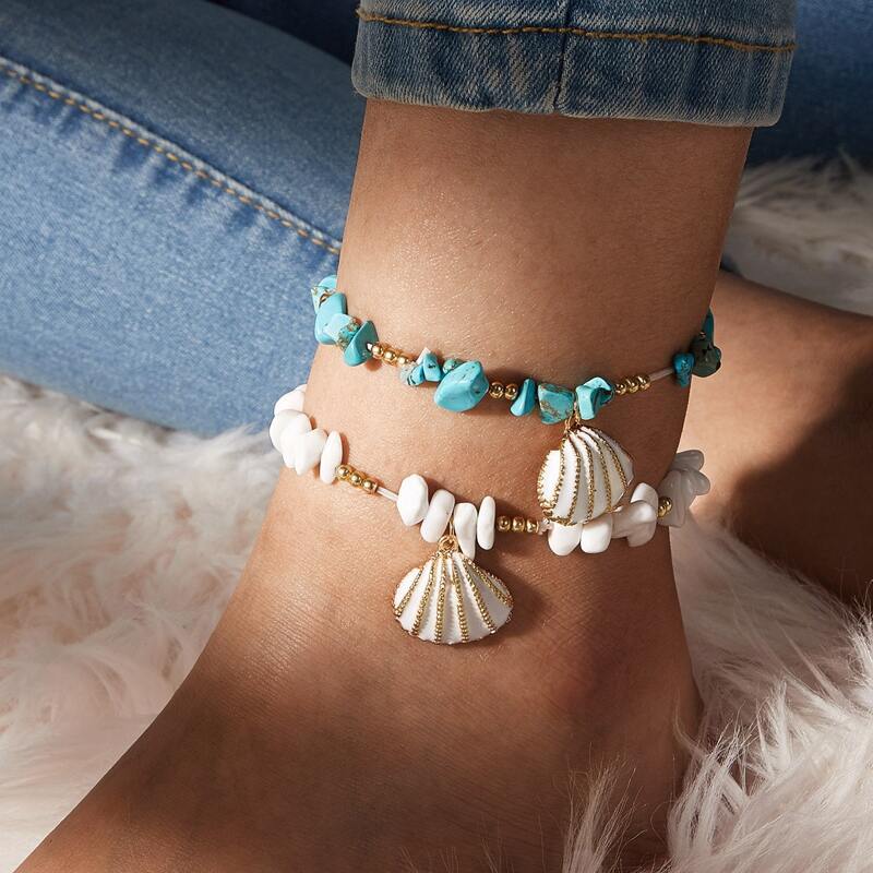 

2pcs Shell Charm Beaded Anklet, Multicolor