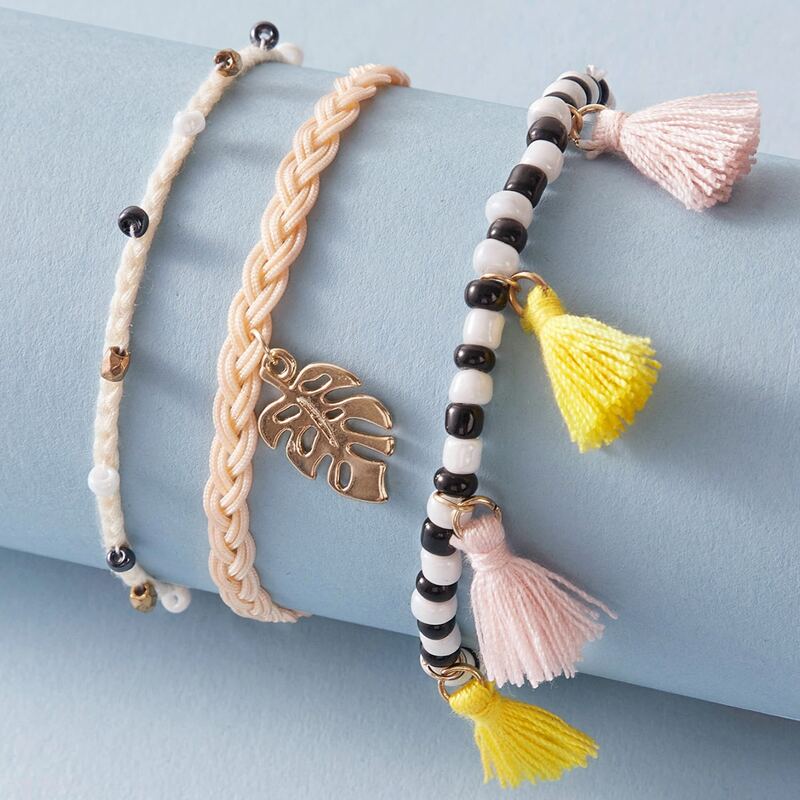 

3pcs Tassel & Leaf Charm Braided Bracelet, Multicolor