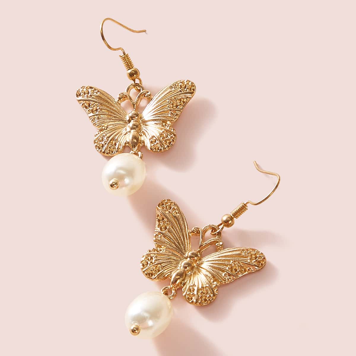 

1pair Butterfly & Pearl Drop Earrings, Gold
