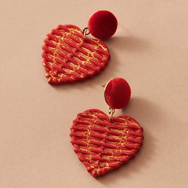 

1pair Christmas Textured Heart Drop Earrings, Red