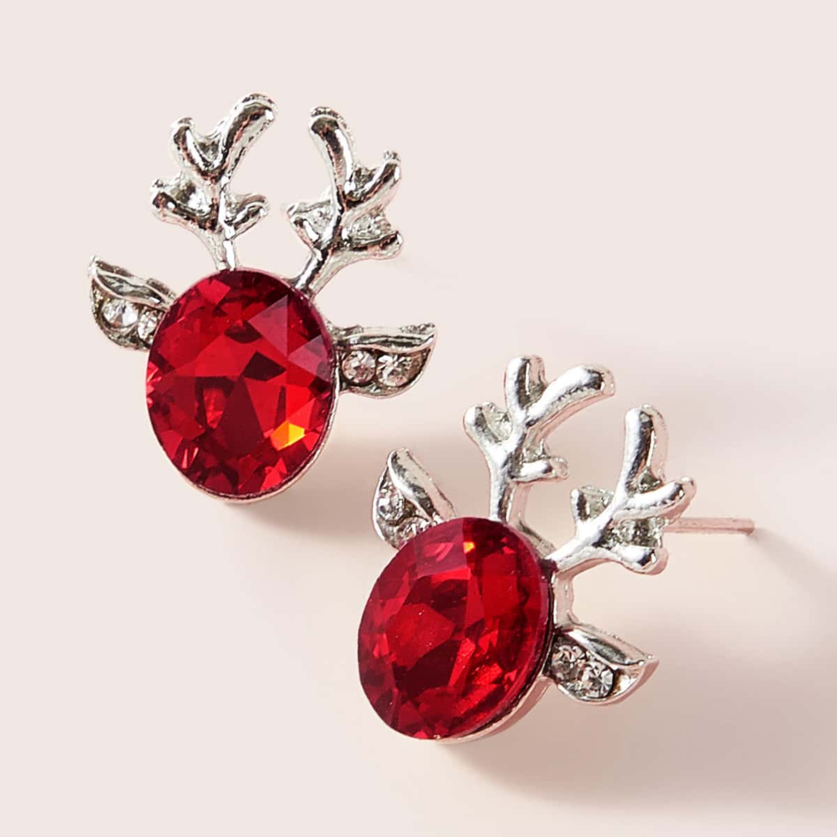 

1pair Christmas New Year Gemstone Decor Antlers Shaped Earrings, Red