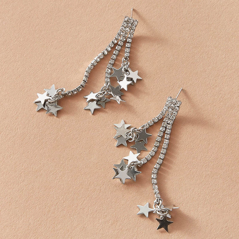

1pair Rhinestone Engraved Star Drop Earrings, Silver