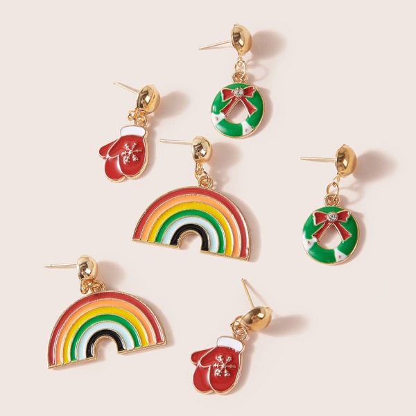 

3pairs Christmas Rainbow & Gloves Drop Earrings, Multicolor