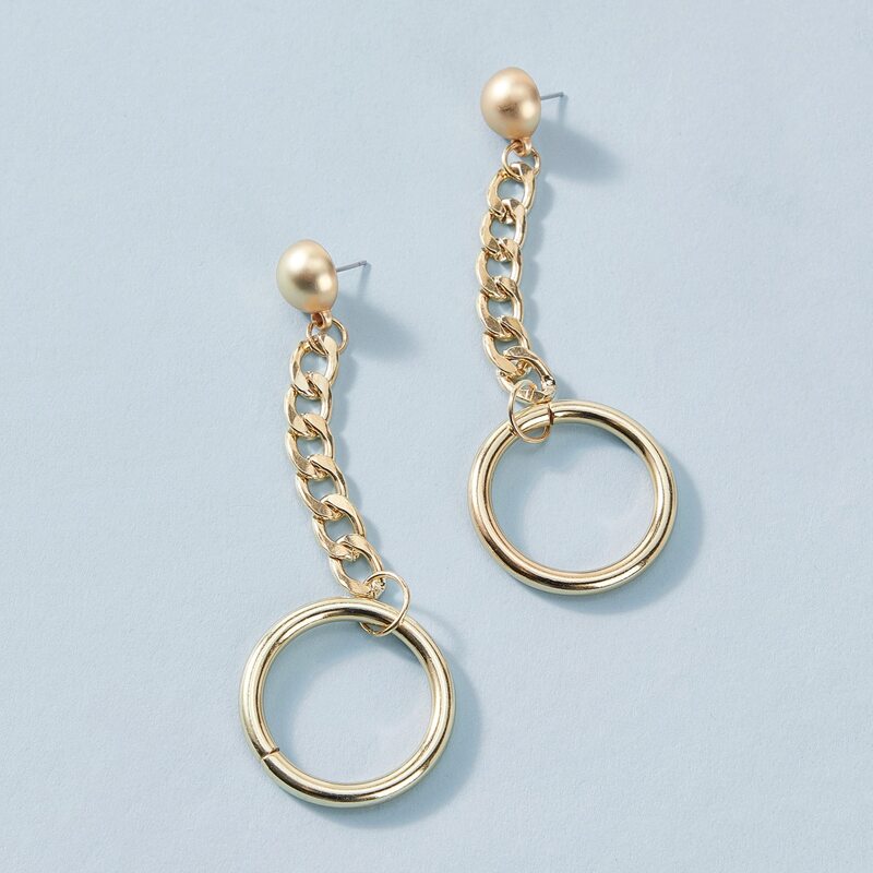 

1pair Chain & Round Drop Earrings, Gold
