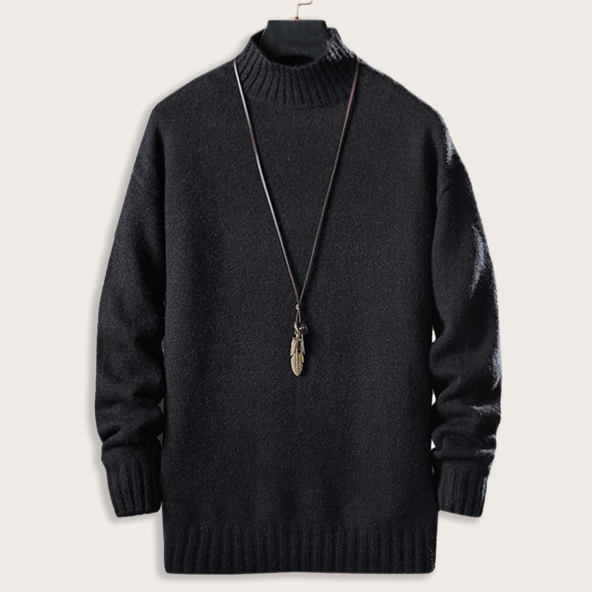 

Guys Drop Shoulder High Neck Solid Sweater, Black