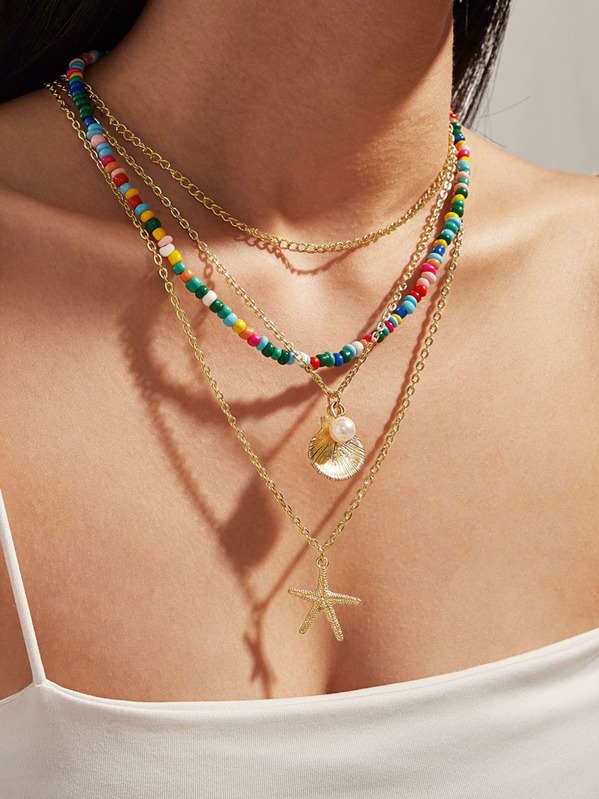 

2pcs Shell & Pearl Charm Layered Necklace, Multicolor