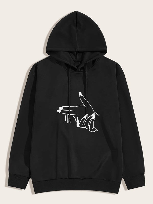 

Men Gesture Print Drawstring Hoodie, Black