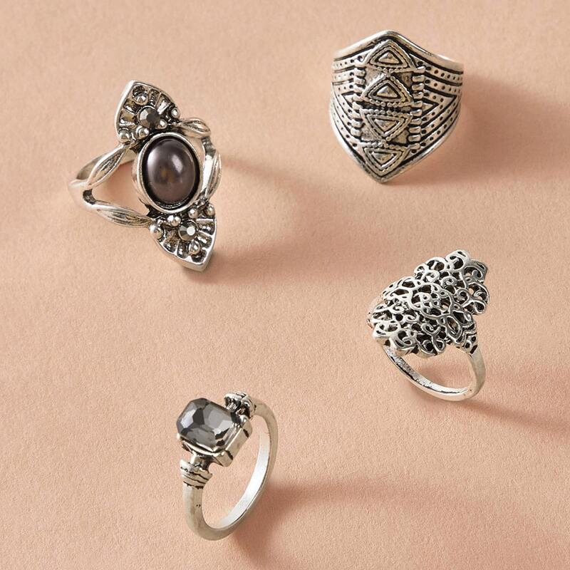

4pcs Gemstone Decor Ring, Silver