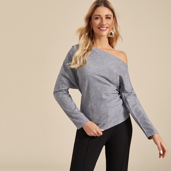 

Asymmetric Neck Batwing Sleeve Blouse, Grey