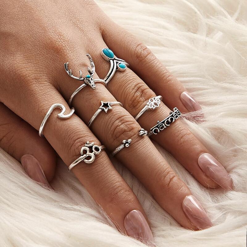 8pcs Flower & Star Decor Ring, Silver