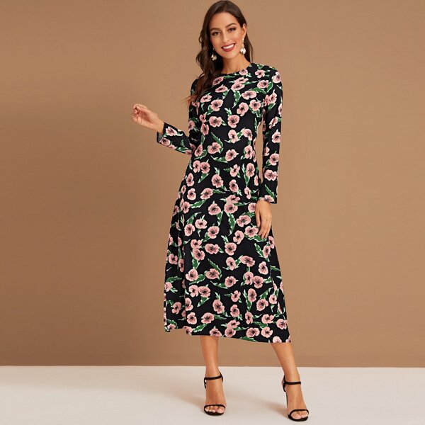 

Keyhole Back Allover Floral Print Dress, Multicolor