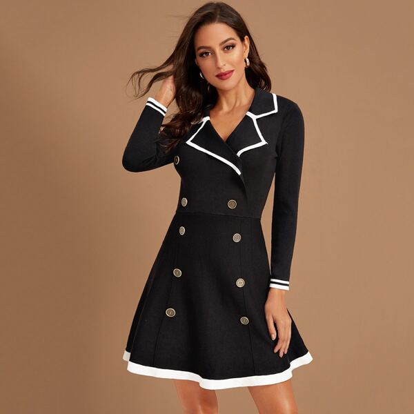 

Contrast Binding Double Breasted Sweater Dress, Black