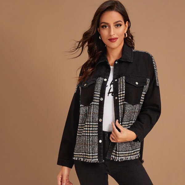 

Pocket Front High Low Plaid Trucker Coat, Multicolor