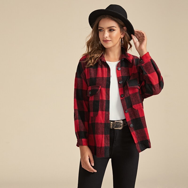 

Drop Shoulder Pocket Front Buffalo Plaid Shacket, Red