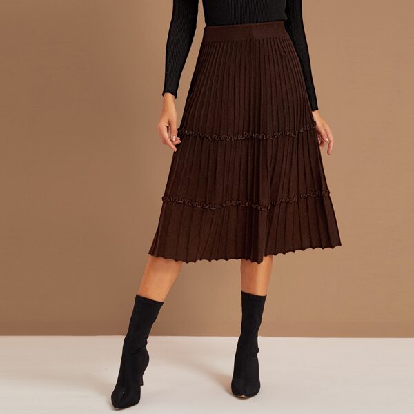 

Frill Trim Pleated Sweater Skirt, Brown