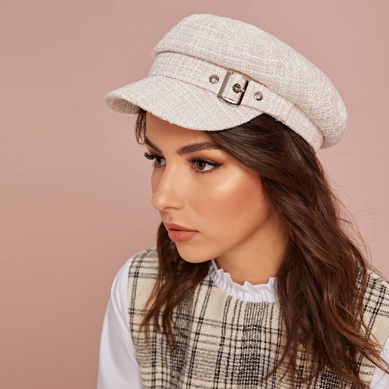 

Buckle Decor Tweed Bakerboy Hat, Multicolor