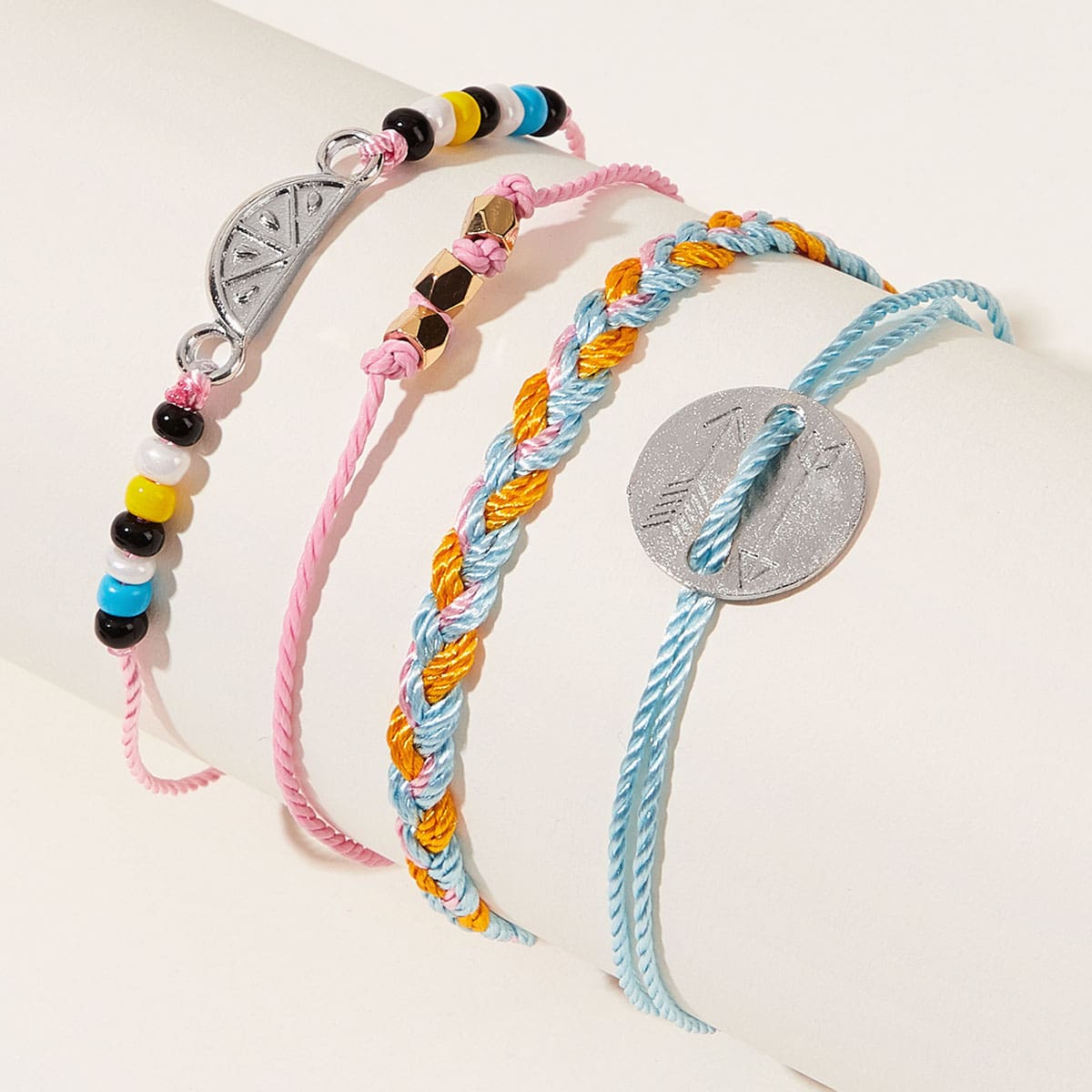 

4pcs Coin & Watermelon Charm Braided String Bracelet, Multicolor